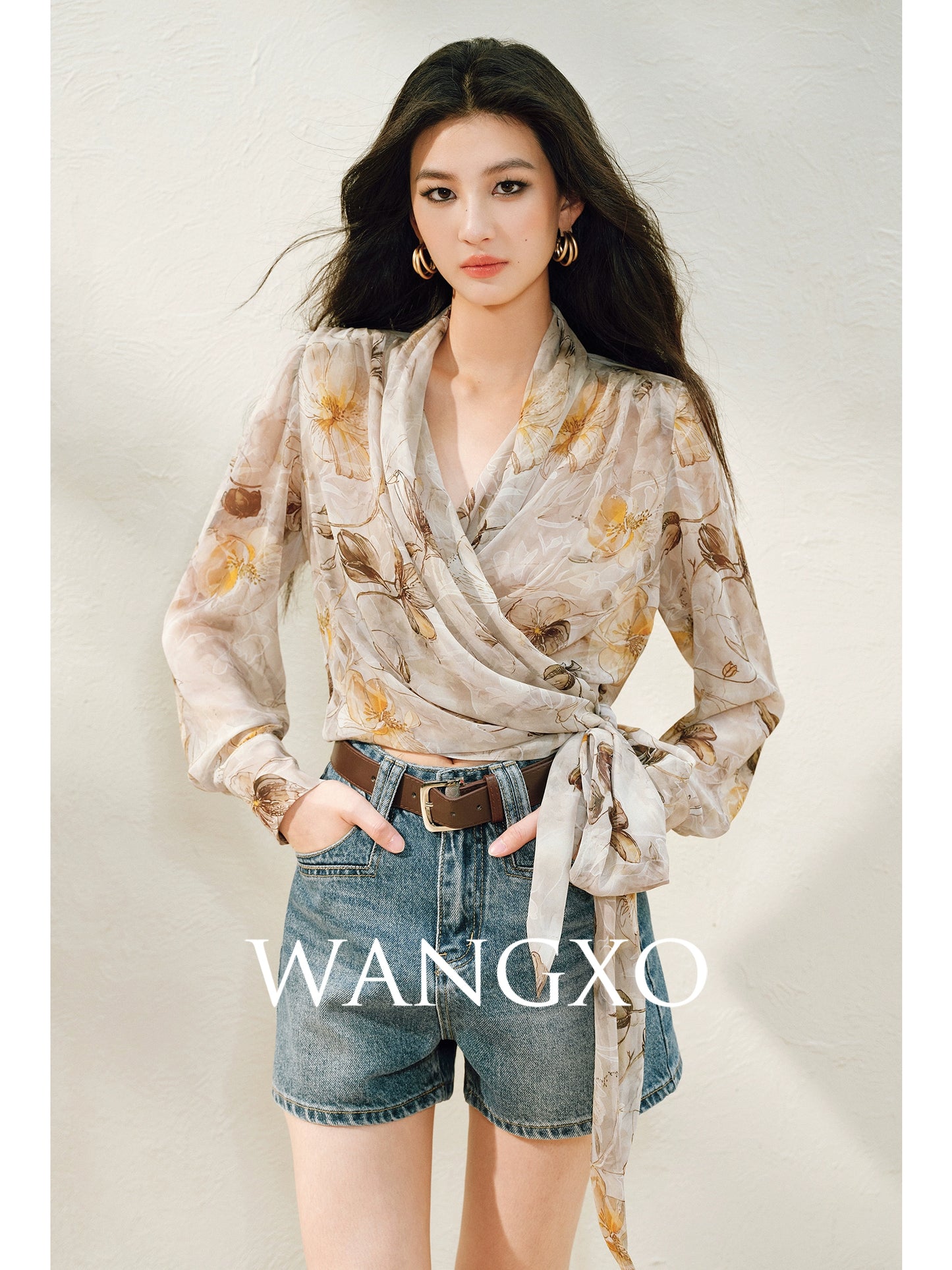 WANGXO | Silky Drape Smooth Georgette Vine-Inspired Geometric Print Entwined Twisted Shirt  -LYRA
