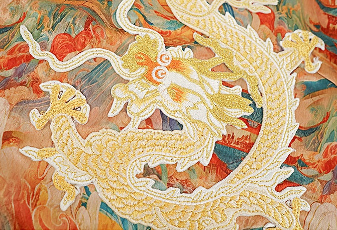 HECO Chinese Stand Collar Color-Blocked Golden Dragon Embroidery Dress - ZIPH