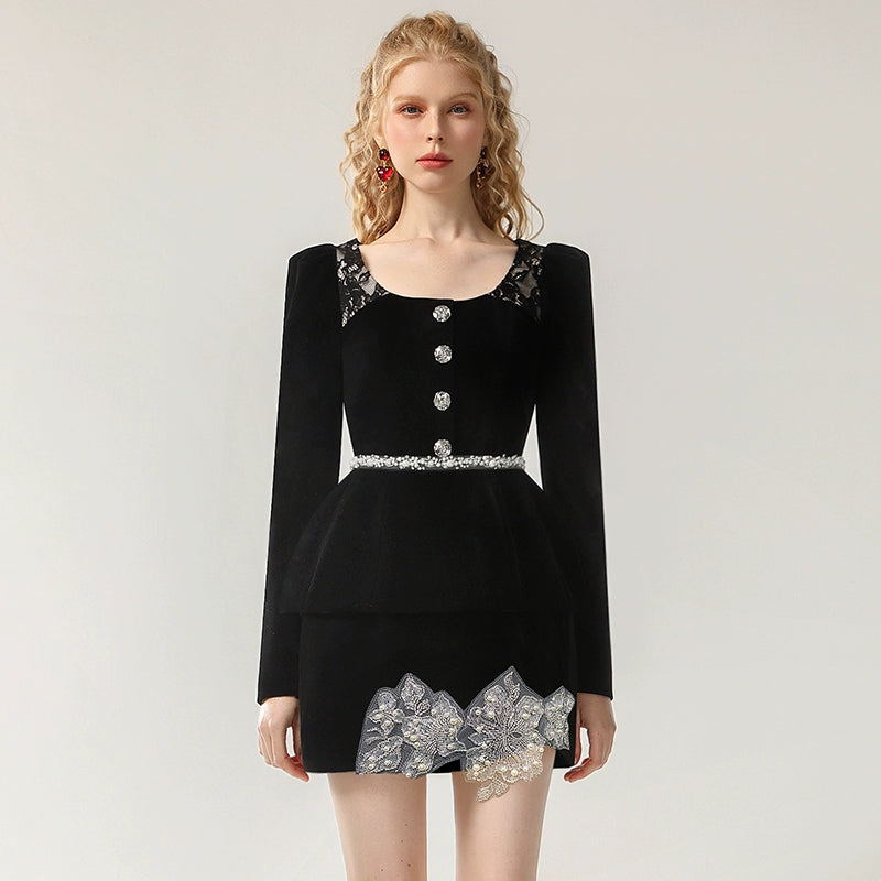 CHECOCRE Chic Black Three-dimensional Beaded Two-piece Suit Dress - KIKI