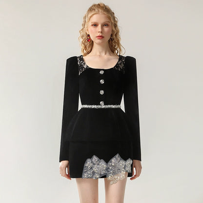 CHECOCRE Chic Black Three-dimensional Beaded Two-piece Suit Dress - KIKI