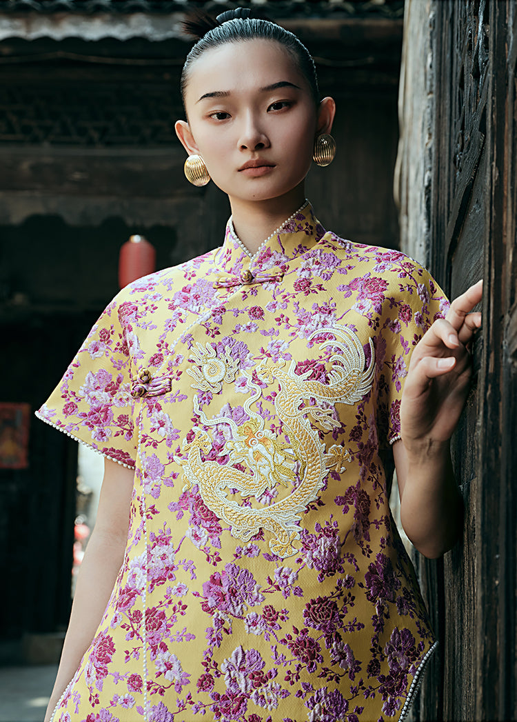 HECO Chinese style golden dragon embroidery short-sleeved placket buttoned shirt - QAND.