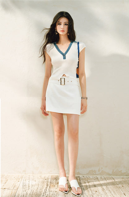WANGXO | High-Content Premium Cotton Skirt Featuring Metal Loop Belt -RINA