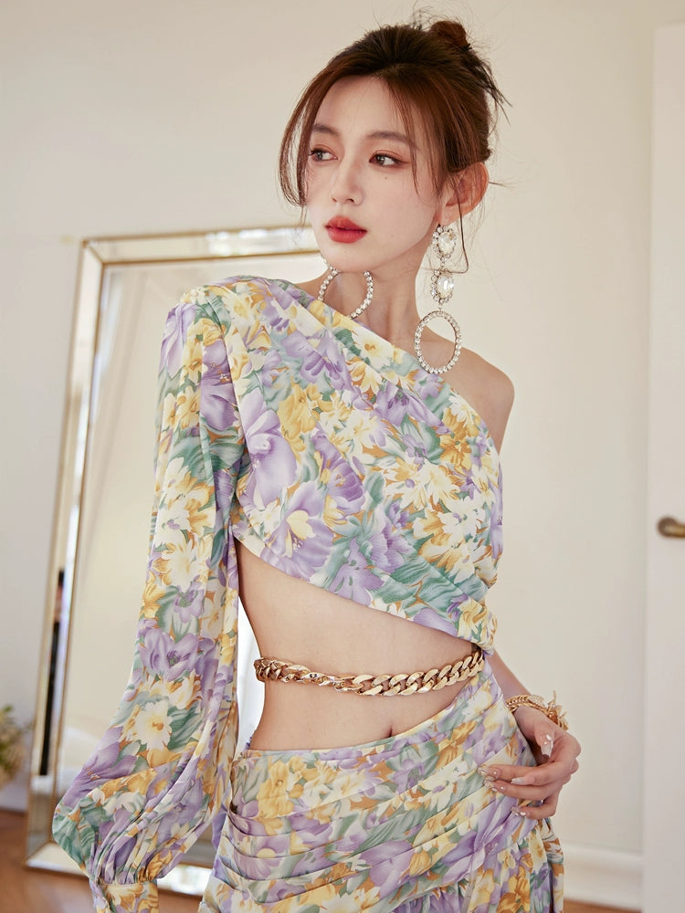DOLLY Luxury French Style Floral One Sleeve Off Shoulder Waist Baring Slit Resort Dress-LYRA