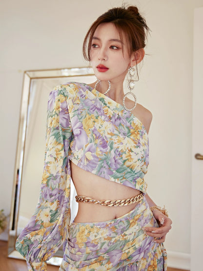 DOLLY Luxury French Style Floral One Sleeve Off Shoulder Waist Baring Slit Resort Dress-LYRA