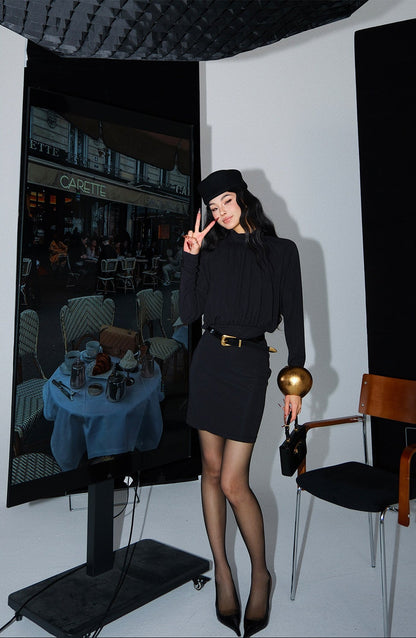 MEI SANGUANG Black semi-turtleneck hip-hugging short dress - SABASTIAN