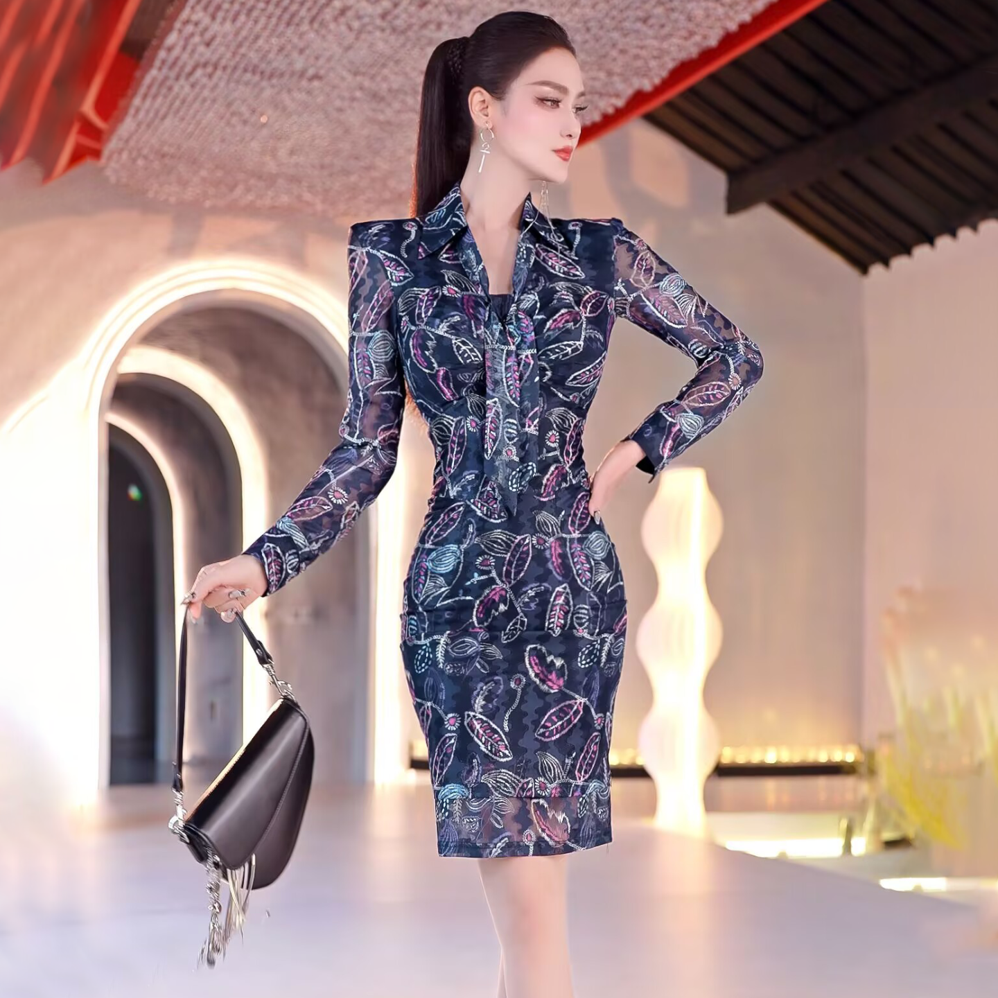 VJE Lace Mesh Print OL Shirt New Streamer Waist Dress- CANS.