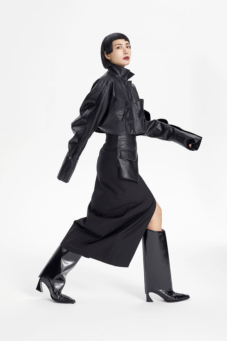 TINY IN large slit leather panel long black high-waisted skirt - DON