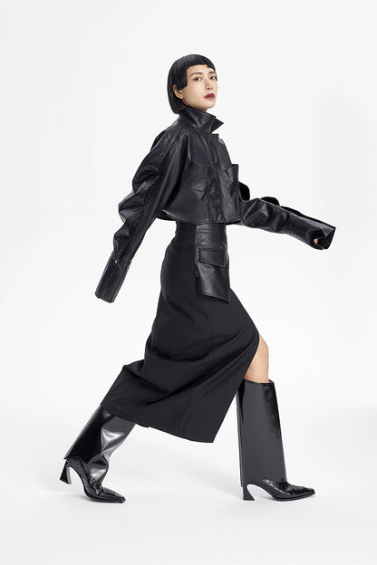 TINY IN large slit leather panel long black high-waisted skirt - DON