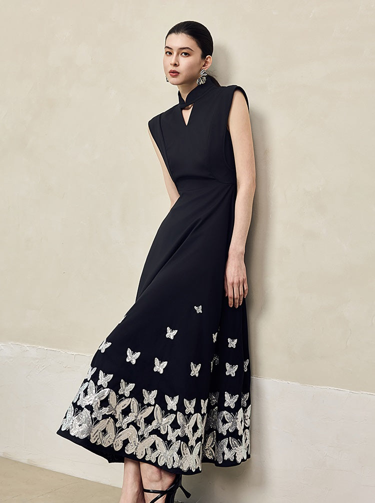 HECO Jacquard Acetate Hollow Stand Collar Thin A-line  Black White Dress Women - WEIGHT.