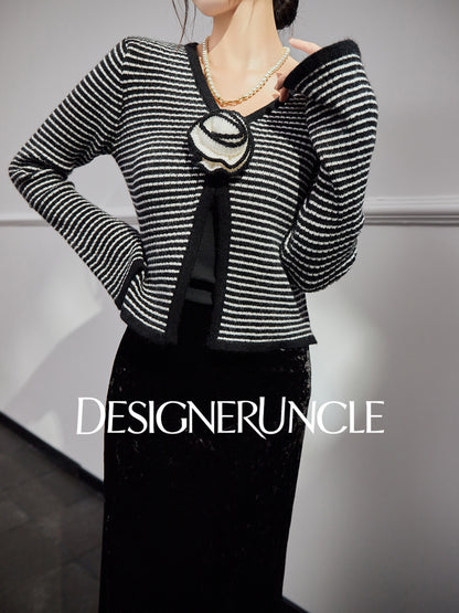 DGU "Lanxi" black knitted sweater striped French retro slimming top - IMOGEN.