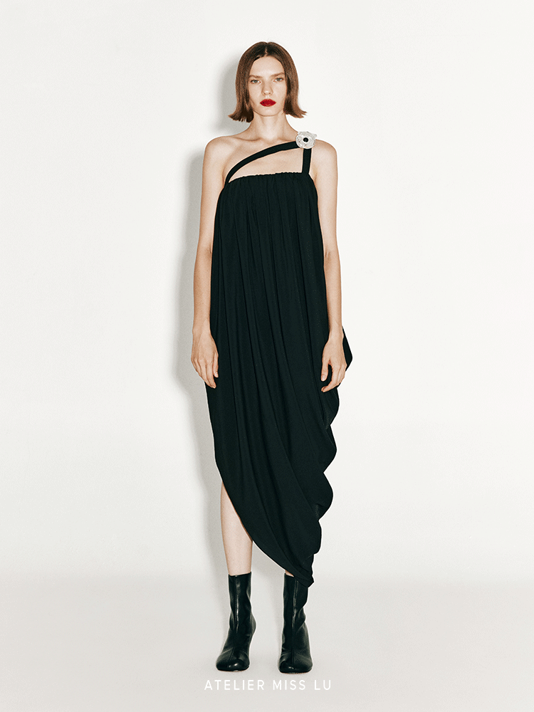 ATELIER MISS LU  Strap Vertical Draped Irregular Dress - ELLE
