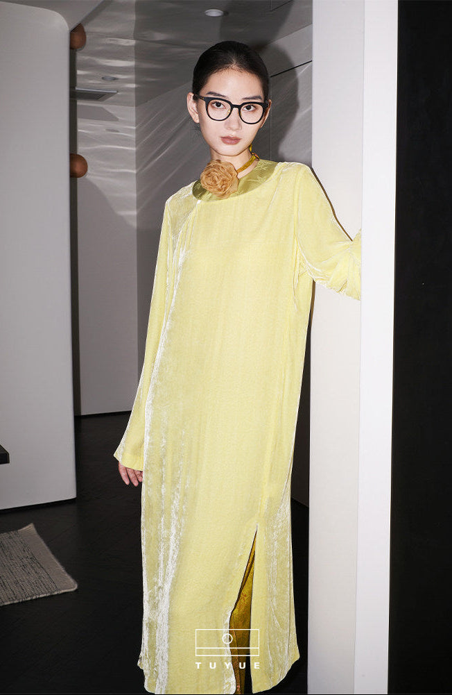 TUYUE Sustainable Fashion Silk Velvet Pine Color Drape Dress- DAVID.