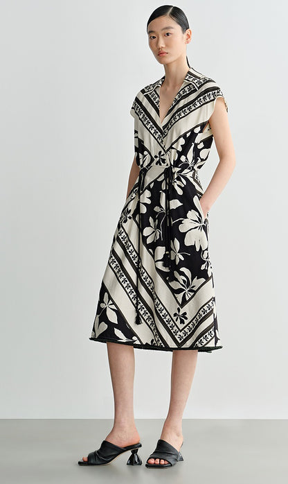 COMME MOI Lv Yan designer's new summer women's print shirred tassel waist dress - GOLDIE.