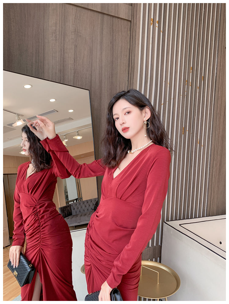 DOLLY Retro Style V-Neck Long Sleeve Pleated Waist Long Slit Dinner Dress-NEYO