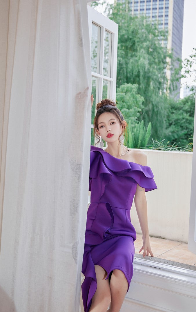 DOLLY Elegant Purple Satin Ruffle Of Shoulder Top+ Gradient Tassel Skirt-ZAYN