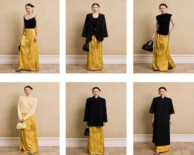 HECO Acetate Peony Jacquard Embroidery Side Slit Maxi Skirt  - SMART.