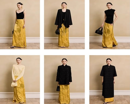 HECO Acetate Peony Jacquard Embroidery Side Slit Maxi Skirt  - SMART.