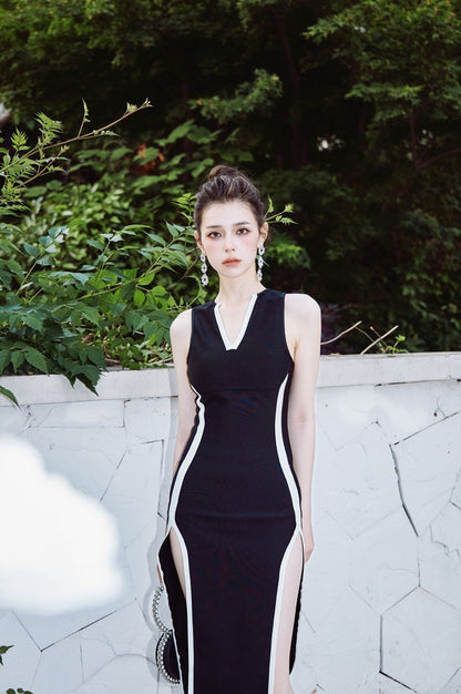 DOLLY High End Black and White V-Neck Sleeveless Slim Fit High Slit Sexy Dress-ESTER