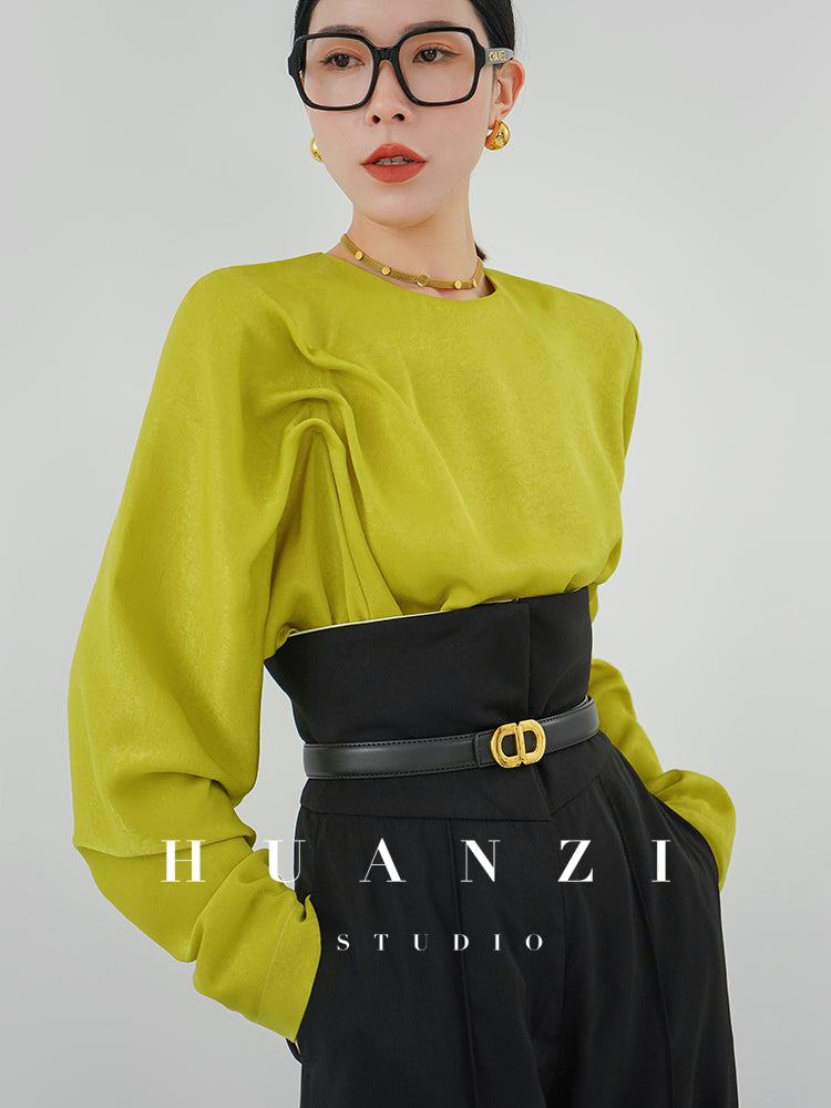 Huanzi silky satin pleated women's spring autumn long-sleeved top blouse - Aniy
