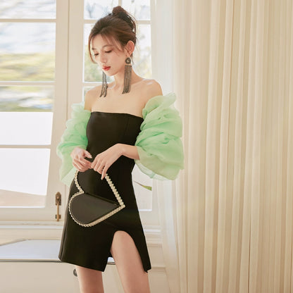 DOLLY Elegant Black Chest Wrap Long Puff Sleeve Slim Fit Short Slit Party Dress-KABRINA