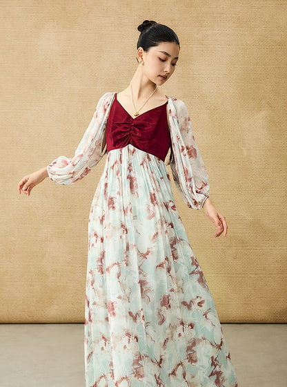 HECO Chinese V-neck camisole chiffon print long dress - BUSE.