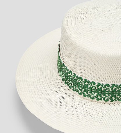 COMME MOI Lv Yan Designer Summer Women's Green Flower Fabric Ribbon Straw Hat - CLAIRE.