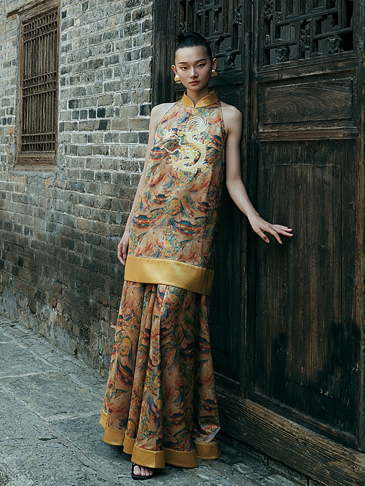 HECO Chinese Stand Collar Color-Blocked Golden Dragon Embroidery Dress - ZIPH