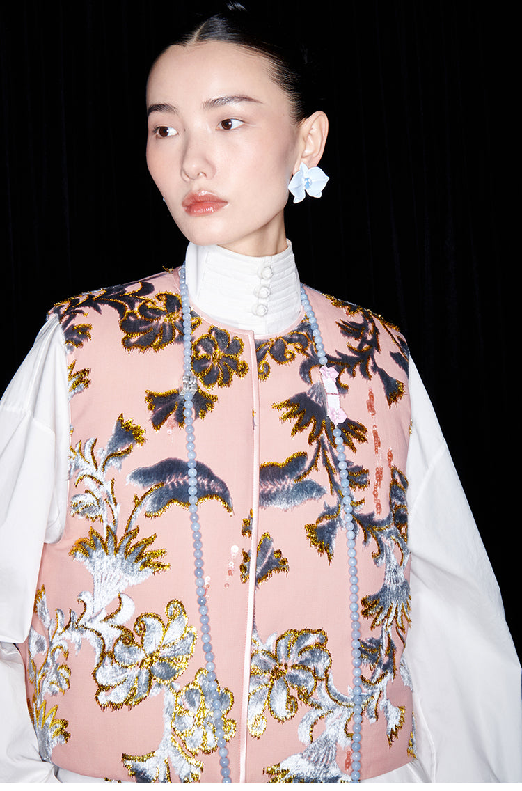 M essential Mackay designer blue velvet atelier beaded down vest - Nami.