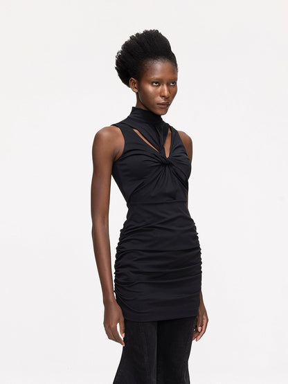 ANNAKIKI niche black kink pleated cut-out sexy dress-GENKO
