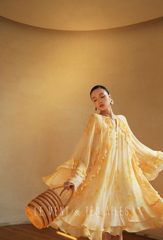 LE VENT&TES AILES 100% Silk-inspired yellow Smudged Loose Top  Dress- LYRA