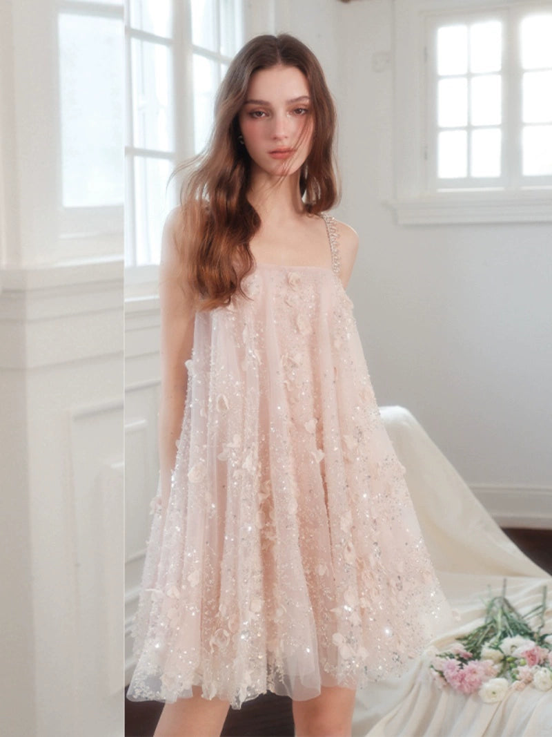 Wardrobes by Chen Luxury Pink Flower Embroidered Loose doll Party Dress-Zola