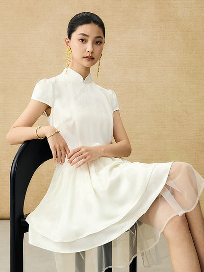 HECO Acetate Jacquard Midi Tiered Cap Sleeves Dress - HEART.