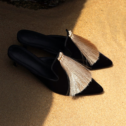 B-FEI Chinese black and gold kitten heels women's mules-TIKAI.