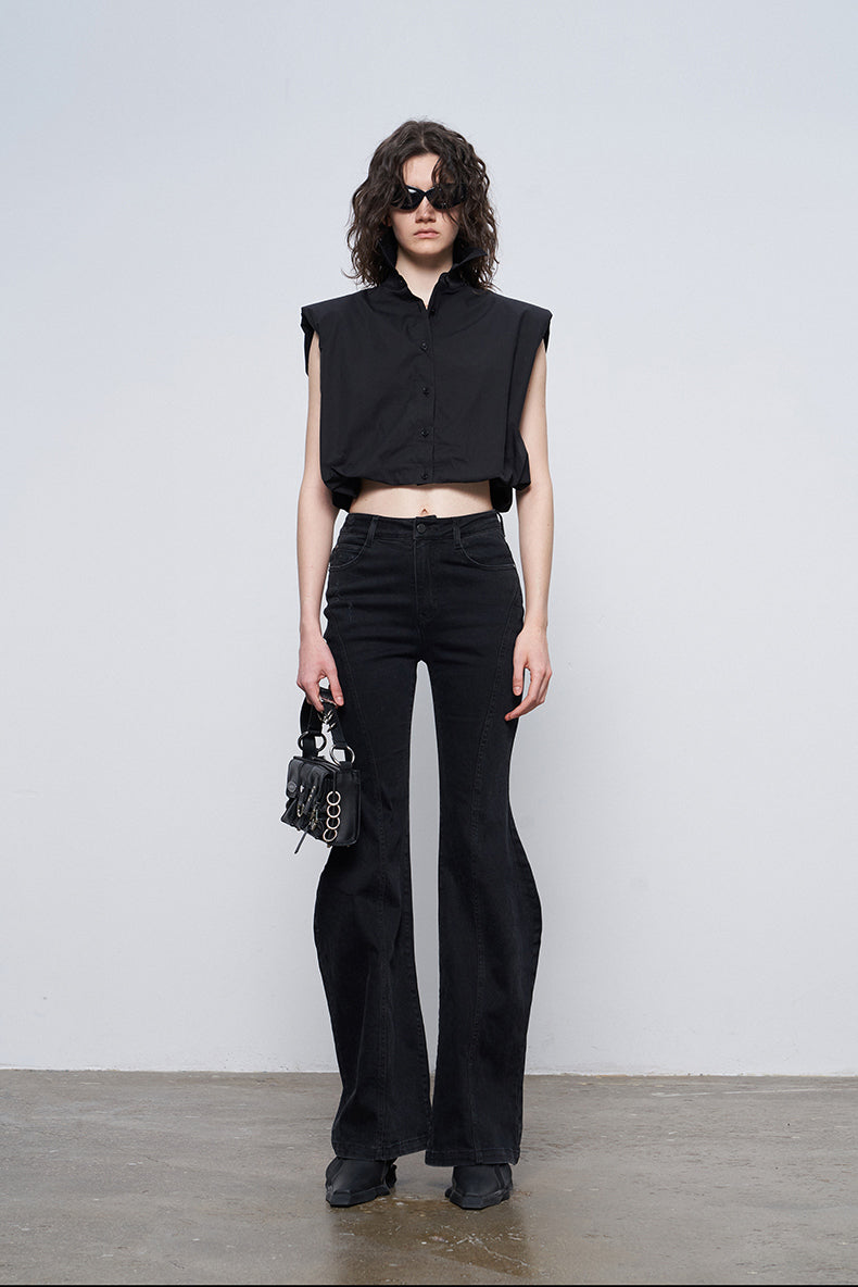 ANNAKIKI Black Wavy Silhouette Slim Denim Wide-Leg Pants-MAPLE