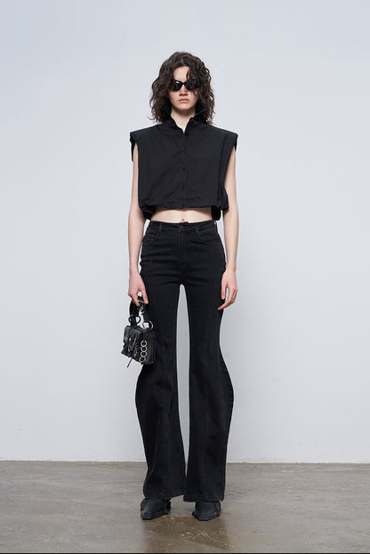 ANNAKIKI Black Wavy Silhouette Slim Denim Wide-Leg Pants-MAPLE