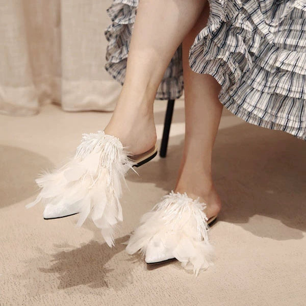 B-FEI White rhinestone feather slippers-ANDY.