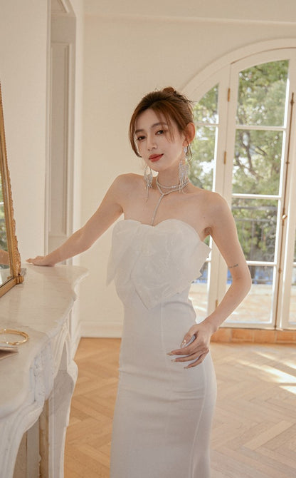 DOLLY Elegant White French Style Big Bow Long Fish Tail Cocktail Dress-FREYA