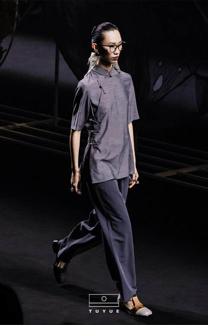 TUYUE Chinese Gray Slim Handmade Buckle Short Sleeve Top - HICKS.