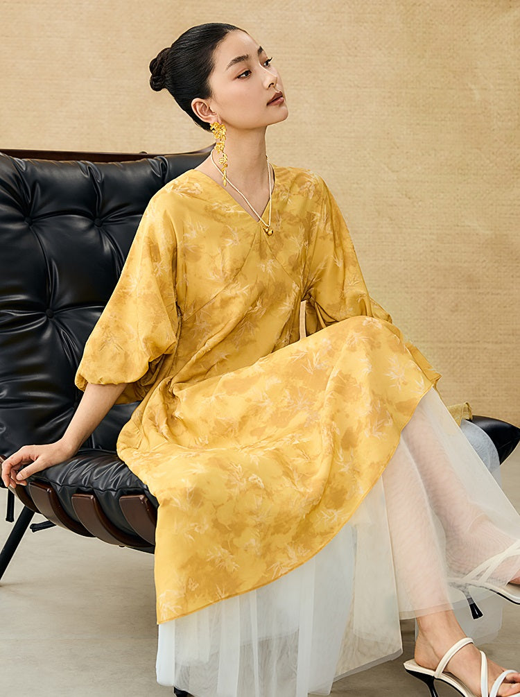 HECO Chinese V-Neck Waist Summer Elegant Floral Stitched Mesh dress - TULIP .