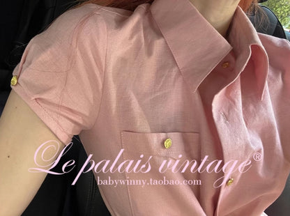 Le Palais Vintage  Gold Cotton Linen Pink Puff Sleeve Shirt + Shorts-ASA.