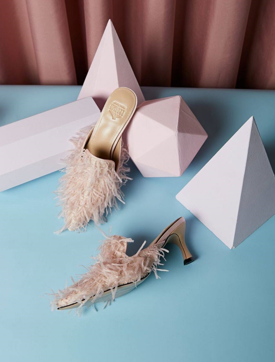B-FEI fringed sandals slippers mules kitten heels-MUMT.