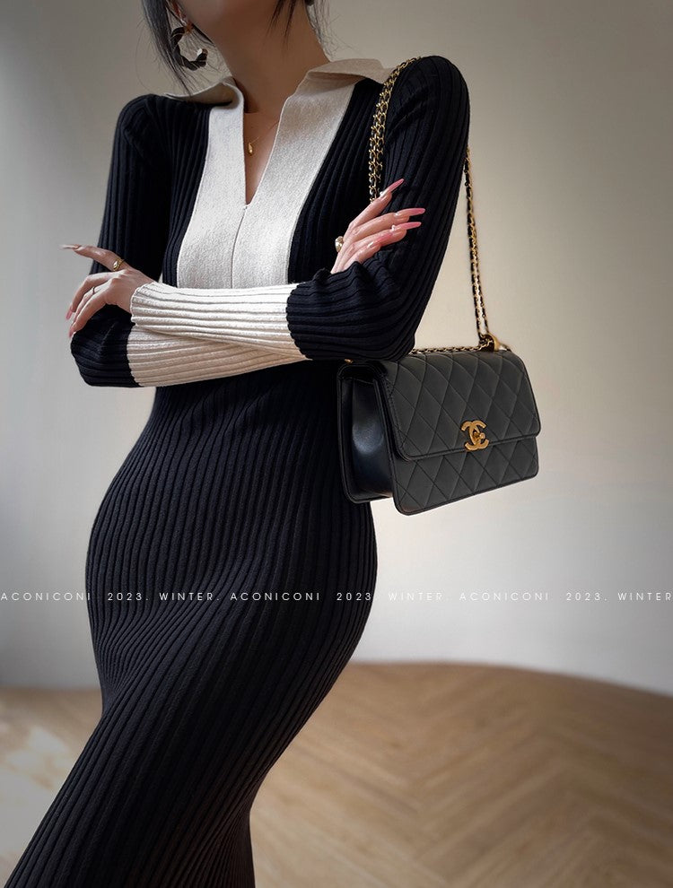 Aconiconi Luxury Polo Collar Long Sleeve Slim Fit Knitted Midi Dress- Paris Old Dream