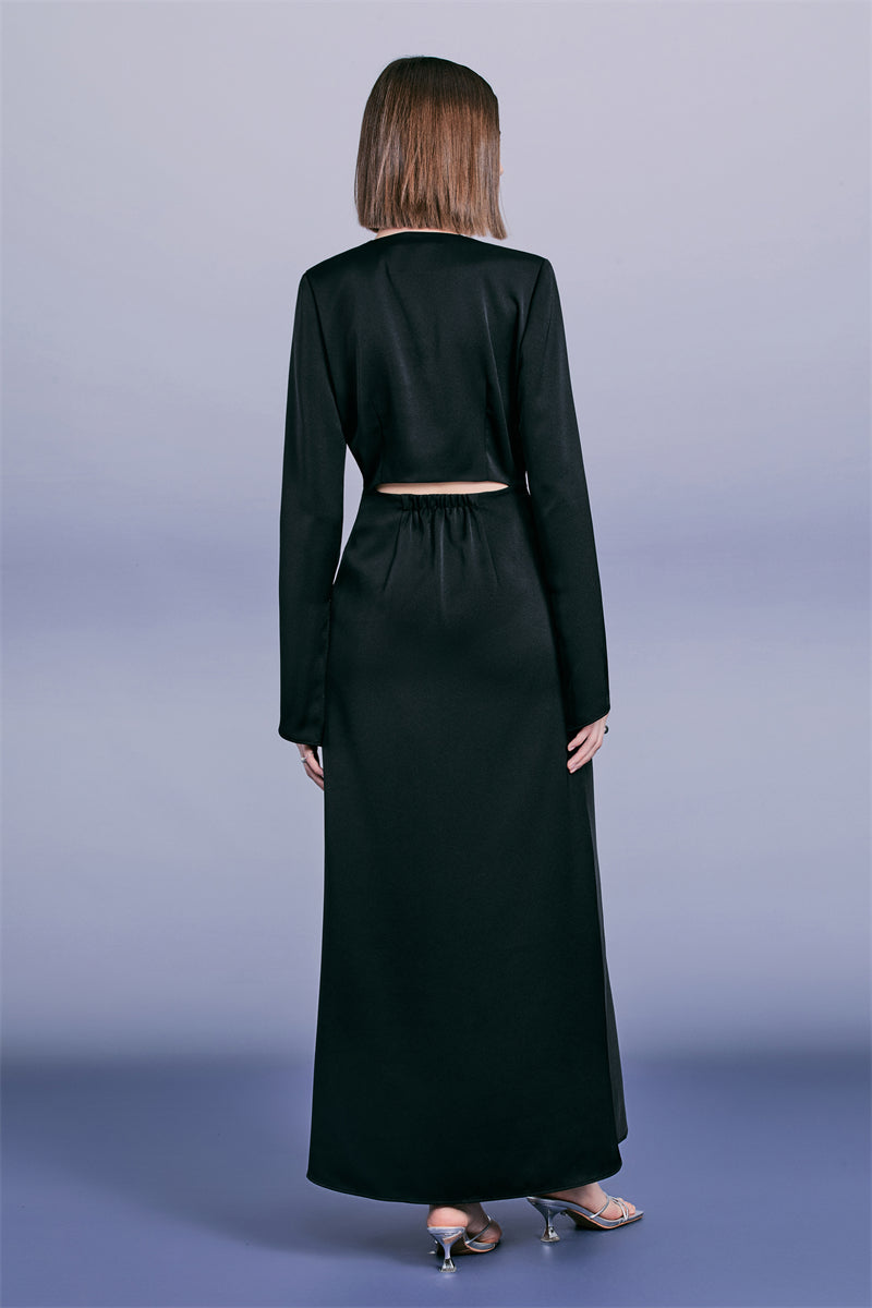PURITY elegant black V-neck silky satin dress - Raelin