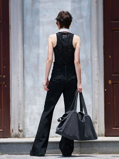 ANNAKIKI Triacetate Hollow Four-pointed Star Full Diamond Bootcut Pants-SATO