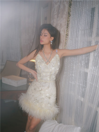 Wardrobes by Chen Luxury V-Neck Sleeveless Floral Feather Short bridal Dress-Shife