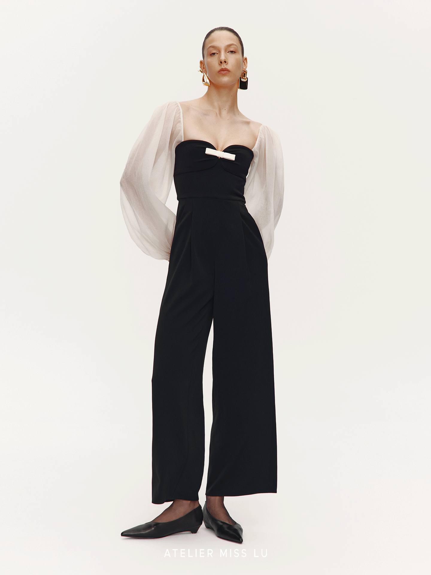 ATELIER MISS  silhouette textured gauze sleeve jumpsuit - GUAGE