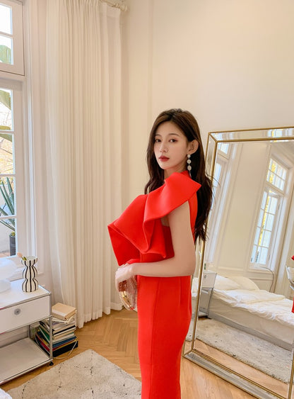 DOLLY Elegant Red Sloping Shoulder Ruffle Long Sleeve Midi Dinner Dress-KIMBRA