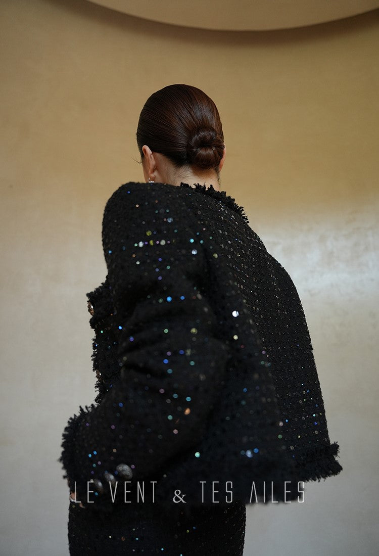 LE VENT&TES AILES High-end Luxury Heavy Work sequin Tweed Jacket Skirt Suit-FINN