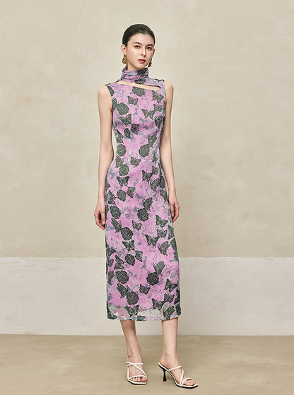 HECO Burnt flower hollow slim sleeveless purple midi dress woman - MIGHT.