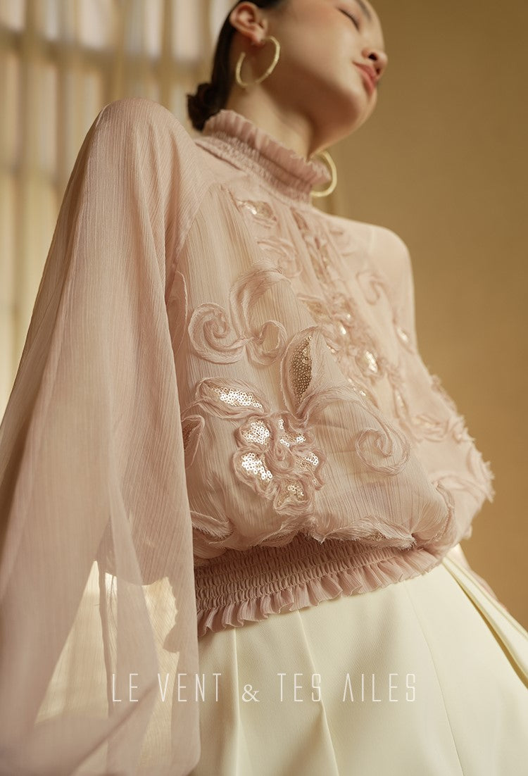 LE VENT&TES AILES Scarlet Mist Disc Sequin Tops Spring Long Sleeve Top - ANYA